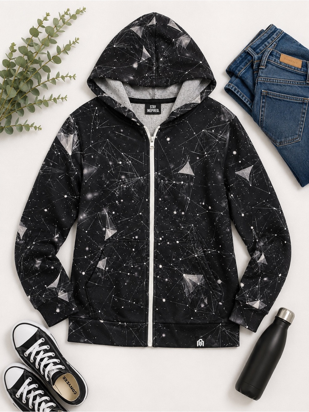 Into The AM Black Galaxy Constellation Full Zip Hoodie Size Large